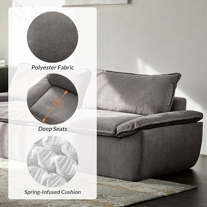 HULALA HOME 89 Compressed Foam Sofa Boneless Couch Oversized Cloud Couh with Deep Seat Modern 3 Seater Sofa with Removable Seat and Back Cushions No Assembly Required Grey