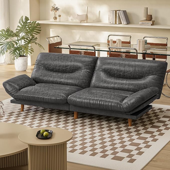 Homall Futon Sofa Bed Modern Loveseat Futon Couch with Adjustable Backrest and Armrests Sleeper Sofa Bed with Wood Frame for Living Room Office Apartment (Leathaire Coal Black)