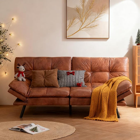 Opoiar Futon Sofa Bed Modern Memory Foam Futon Sofa Bed Couch Sleeper Convertible Futon Couch Christmas Memory Foam Couch Convertible Loveseat for Living Room Apartment Studio Brown (267PU-CH)