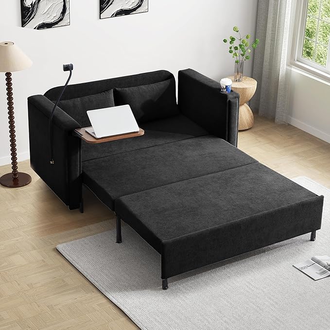 3-in-1 Convertible Sleeper Sofa Couch with Pullout Bed Loveseat Sleeper Sofa Bed with Hidden Side Table 56 Full Size Folding Futon Couch for Living Room Guest Room Apartment Home Office (Black)