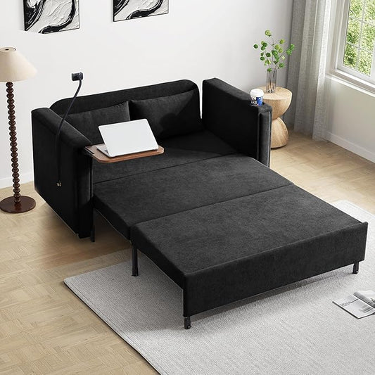 3-in-1 Convertible Sleeper Sofa Couch with Pullout Bed Loveseat Sleeper Sofa Bed with Hidden Side Table 56 Full Size Folding Futon Couch for Living Room Guest Room Apartment Home Office (Black)