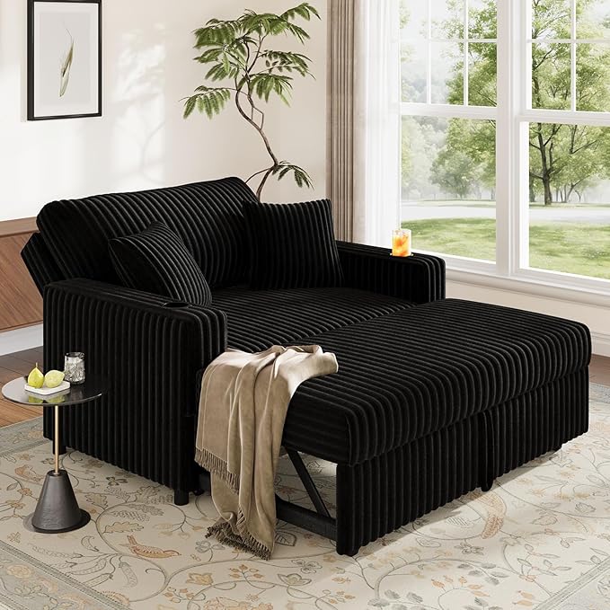 52” 3-in-1 Convertible Pull-Out Sofa Bed Sleeper Loveseat with Built-in Cup Holders Reclining Backrest Pet-Friendly Corduroy Sofa for Small Space - Black
