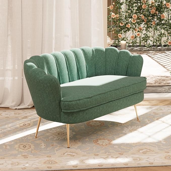 59'' Loveseat Sofa Modern Chenille 2-Seater Sofa with Golden Legs Comfy Upholstered Shell Accent Couch for Studio Living Room Store Office (Green).