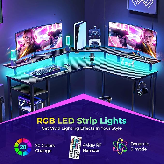 Rolanstar L Shaped Gaming Desk with LED Lights &amp Power Outlets 46.2 Computer Desk with Full Monitor Stand &amp Storage Shelf Corner Desk with Hooks Carbon Fiber Desk Reversible