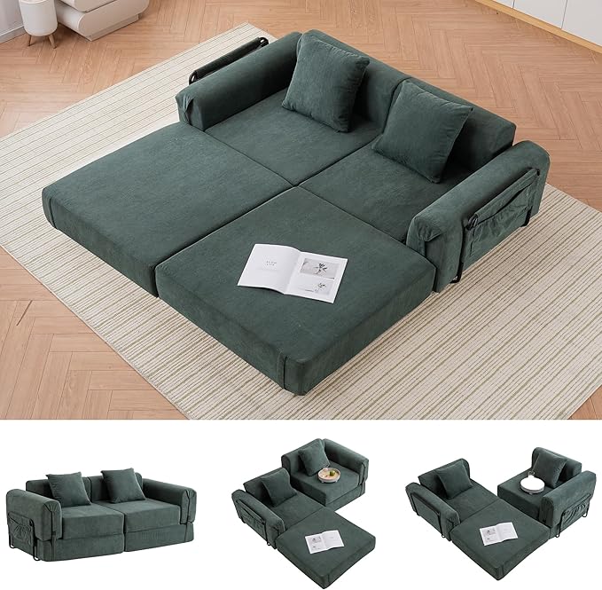 71'' Convertible Sofa Bed with Storage Pocket - Boneless Loveseat with Fixed-Shape Frame - Loveseat Sofa Bed with Pillow Support Folding Couch for Living Room Office Bedroom (Green)