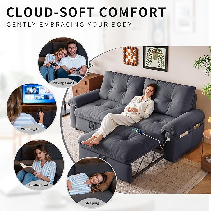 77 Queen Size Sofa Bed Loveseat Sleeper Sofa with Pull Out Bed Pockets and USB Velvet Fabric 2 Seater Convertible Small Couch for Living Room Bedroom Apartment Grey