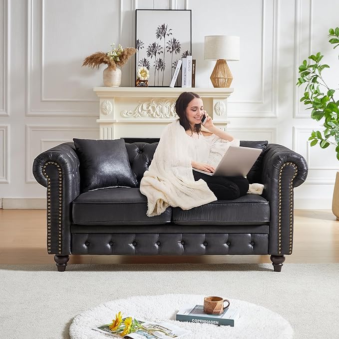 Mid Century Modern Loveseat Sofa 63.5W High-tech Fabric Button Tufted Small Couch with Nailhead Trim &amp Roll Armrest Upholstered Comfy Chesterfield Sofa for Living Room Office(2 Seater Black)