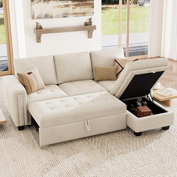 Belffin Sectional Sleeper Sofa with Pull Out Couch Bed Modular Sectional Sofa with Storage Velvet L Shaped Couch Sleeper Bed Beige