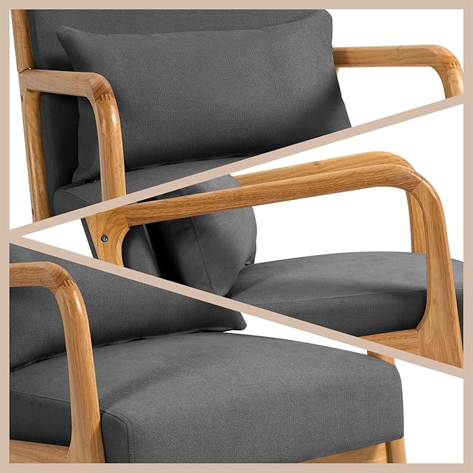 Mid-Century Modern Linen Accent Chair with Solid Wood Arms for Living Room