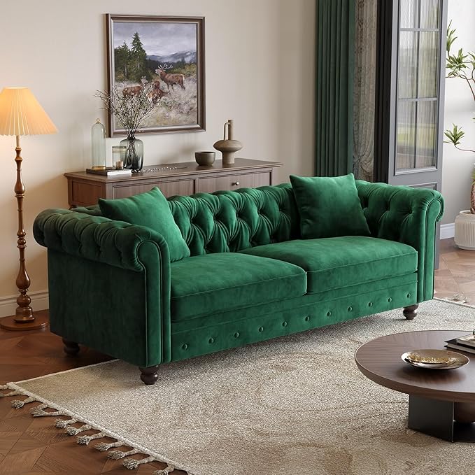 ONBRILL 82 Inch Chesterfield Sofa 23 Inch Deep Seat Velvet Couch for Living Room Button Tufted Couch with Rolled Arms 2 Throw Pillows Comfy Vintage Loveseat Sofa for Apartment Green