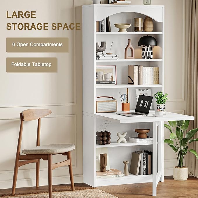 Folding Desk with Storage Space-Saving Foldable Convertible Writing Table Wall Mount Fold Out Computer Desk for Home Office Craft Room Living Room Bedroom White
