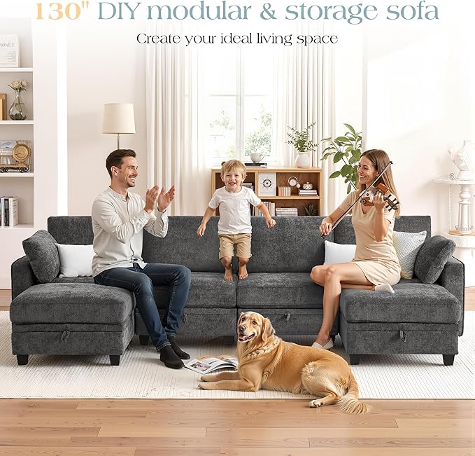 TUNYI 130 Sectional Couch with Storage Oversized Chenille Modular Sectional Sofa for Living Room Convertible Deep Seat Sofa Couches with Ottoman Armrest Pillow (Grey)