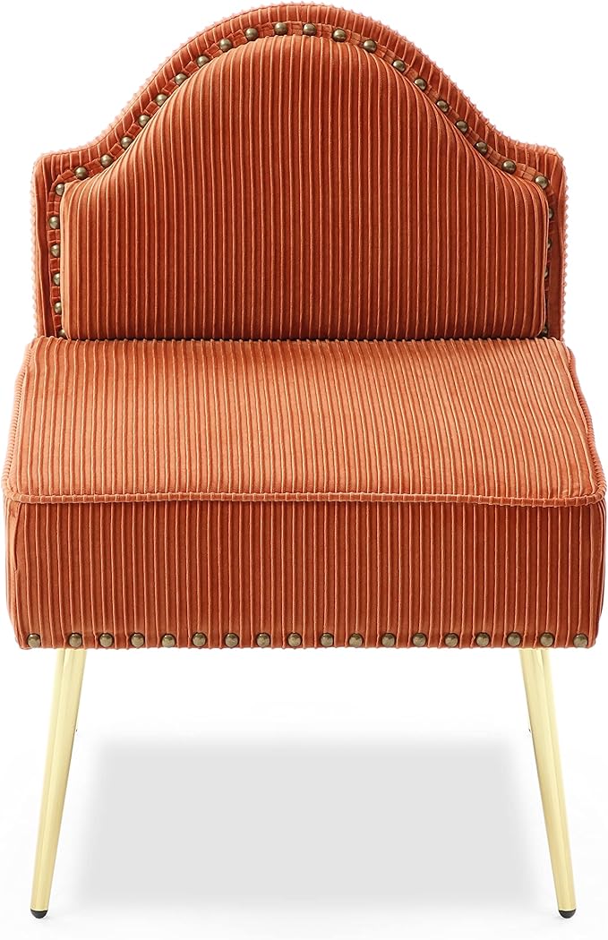 Modern Upholstered Pleated Velvet Accent Chair Tufted Dining Office Chairs Armless Slipper Chair Mid-Century Side Chair Single Luxury Sofa Chair with Golden Legs for Living Room Small SpaceOrange