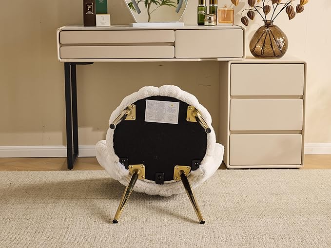 VINGLI Shell-Shaped Teddy Fleece Accent Vanity Chair with BackComfy Khaki and Gold Desk Chair No WheelsCute Small Pearl Deco PillowGift for Girls/Womenfor MakeupOfficeDiningNailSewingBedroom