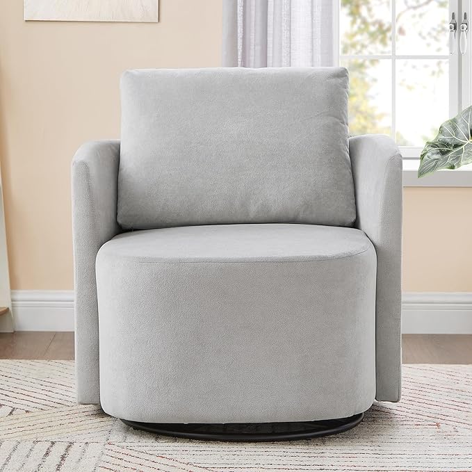 360° Swivel Chair Modern 29.9 Accent Barrel Armchair Single Sofa Armchair with Curved Design and Side Pockets Upholstered Swivel Sofa Chair for Living Room Bedroom Office and Hotel (Grey/437)