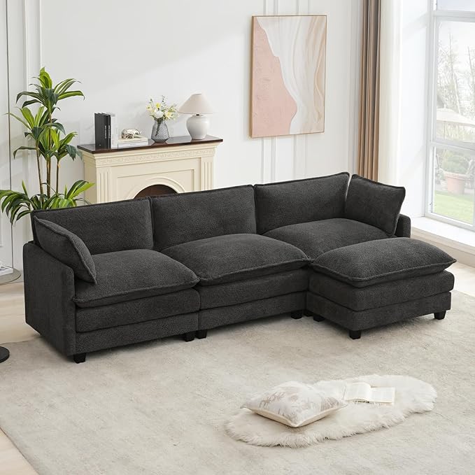 ROWHY Oversized Modular Sectional Couch with Movable Ottoman 112 Modern Convertible L Shaped Sofa Set 4 Seat Comfy Cloud Couch with 2 Throw Pillows for Living Room Chenille Charcoal Grey