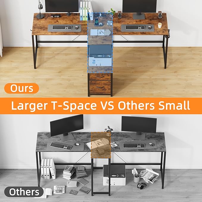 T-Shaped 2 Person Desk with Power Outlet Long Two Person Gaming Table with LED &amp Fabric Drawers 81.2'' Computer Desks with File Cabinet Double Workstation for Home Office Rustic Brown
