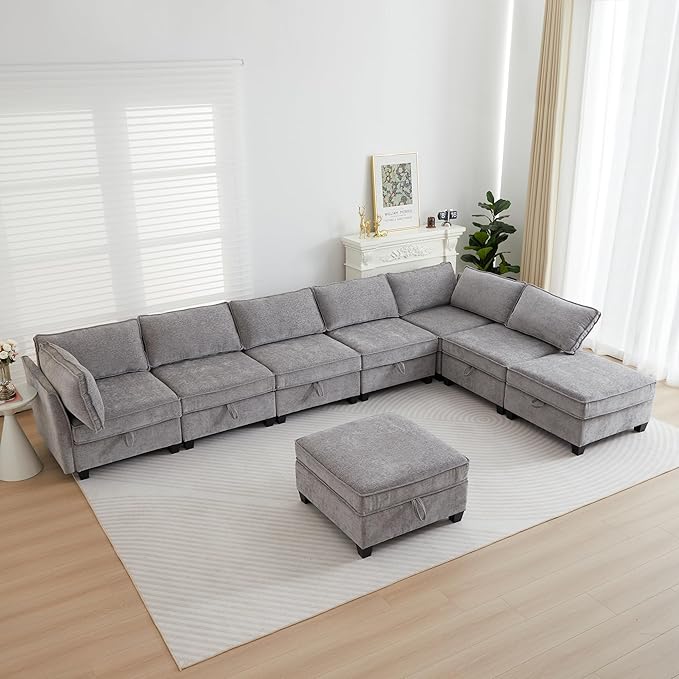 Modular Sectional Sofa Convertible Couch with Storage 4 Seater Sofa Modular with Reversible Chaise for Living Room Office (Grey)