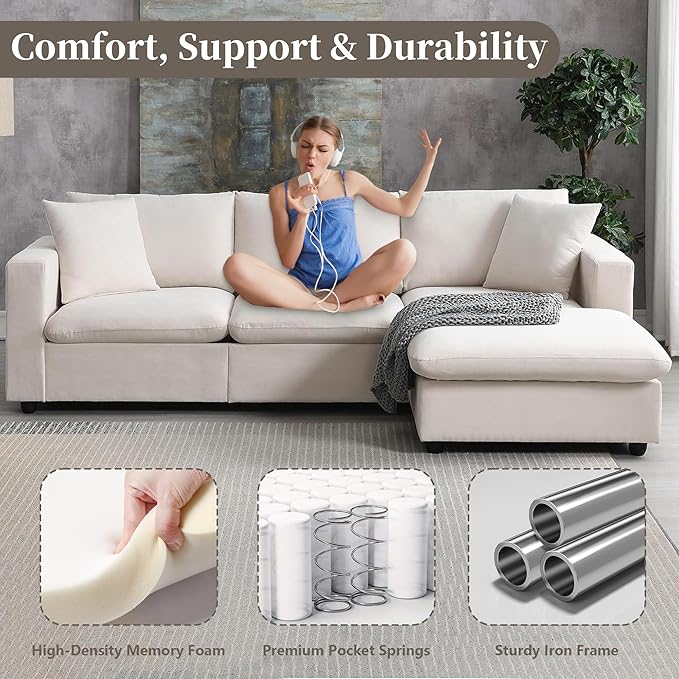 100.4 Beige Cloud Couches for Home Living Room Sofa Set Modern L Shaped Sectional Couch with Convertible Ottoman 4 Seater Comfy Polyester Fabric Modular Sofa for Apartment Bedroom Office