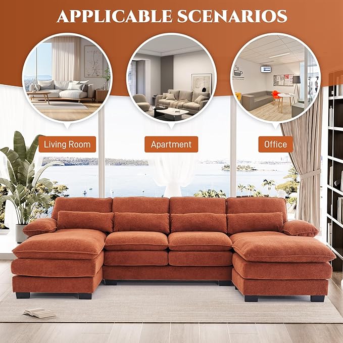 OUYESSIR 113 U Shape Sectional Cloud Couch with OttomanFluffy Sectional Couches for Living Room4 Seater Modular Sectional SofaComfy Cloud Sofas &amp Couches with 4 PillowsOrange