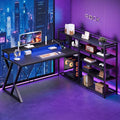 Reversible L Shaped Gaming Desk with Shelves 52'' L Shaped Computer Desk with Power Outlet and LED Light Corner Desk with Storage Shelf and Monitor Stand for Home Office Black