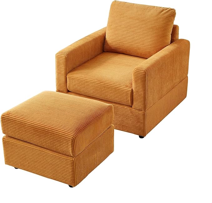GDFStudio 32 Single Seat Sofa Couch Corduroy Comfy Deep Seat Sofa Sleeper Sofa Bed Chaise Couch Chair with Ottoman Removable Footrest Oversized Armchair for Living Room Orange