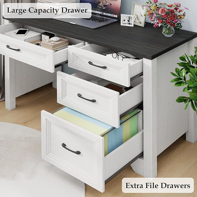 Farmhouse Executive Desk with Drawers Wood Computer Desk with Ample File Drawer Rustic Home Office Desk with Storage for Bedroom Living Room Black