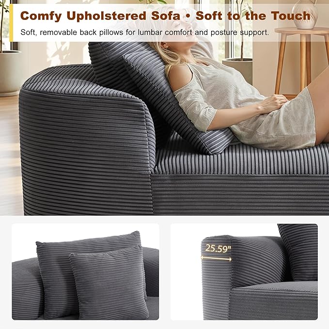 Chaise Lounge Chair Indoor 67.5 Oversized Boneless Couch Could Comfy Upholstered Sleeper Sofa Bed Corduroy Plush Modern Curved Floor Sofas Chair with 2 Pillows for Readng Living Room Bedroom Apartment