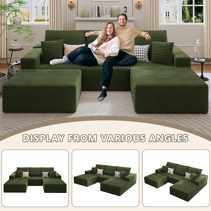 107 Cloud Sectional Couch with U-Shaped Chaise Corduroy Sectional Sofa with Ottoman Boneless Couch with Deep Seat in a Box for Living Room No Assembly Required (Green Right Facing Chaise)