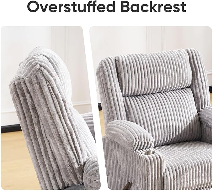 Oversized Manual Recliner Chair with Arm StorageSwivel Rocker Recliner Chair for Adults with Adjustable HeadrestNursery Glider Recliner with Phone Stand and Side Pockets for Living RoomLight Grey