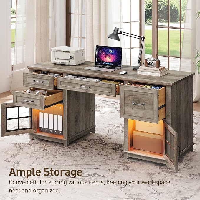 58 Farmhouse Executive Desk Farmhouse Computer Desk with Drawers &amp File Cabinet Wooden Home Office Desk with Power Outlet &amp LED Light Workspace for Study Writing Greige