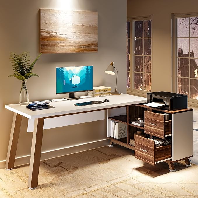 LITTLE TREE 70.8 Office Desk with 55 File Cabinet Combo L-Shaped Executive Desk with Storage Drawers &amp Shelves Wooden Home Office Desk Large Business Furniture White and Brown