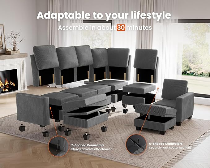CHIC HOUSE Modular Sectional Couch| Corduroy L Shaped Sleeper Sofa U-Shape Sofa Bed Convertible Chaise with Storage Ottoman for Living Room Modern Furniture (Dark Grey 8 Seater L-Shaped)