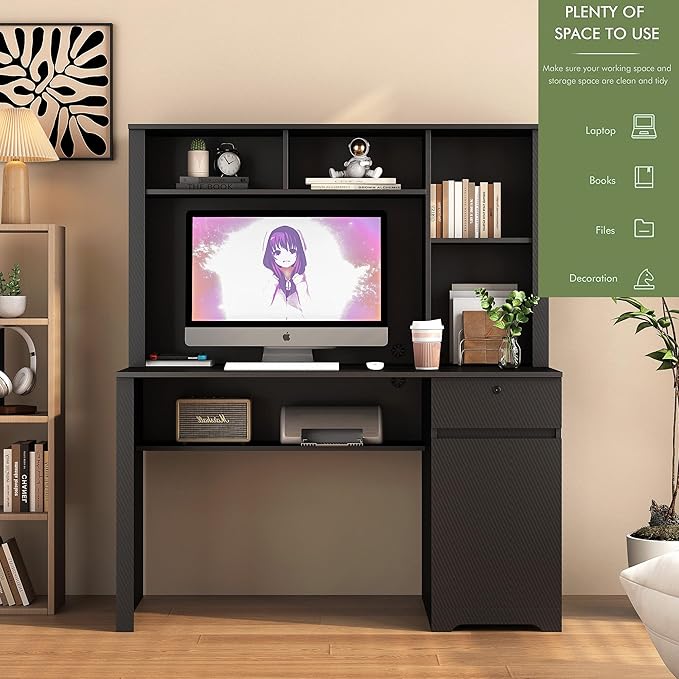 Computer Desk with Charging Station Home Office Desk with Bookshelf and Drawer Study Table Writing Desk with Storage and Lock Gaming Computer Desk for Bedroom Office Living Room(Black)