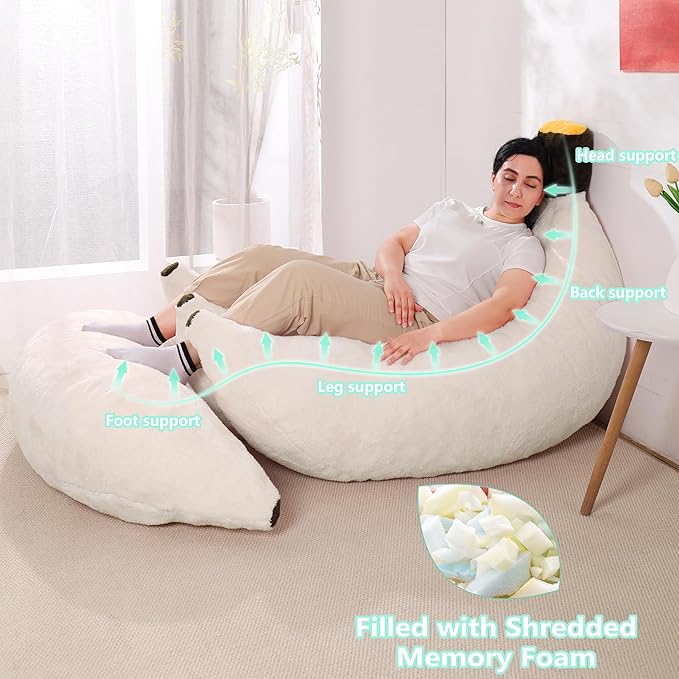 Banana Bean Bag Chair with Ottoman Floor Sofa Bed with Footrest Comfy Convertible Lounger for Adults Plush Couch for Bedroom Living Room or Dorm L-Cream