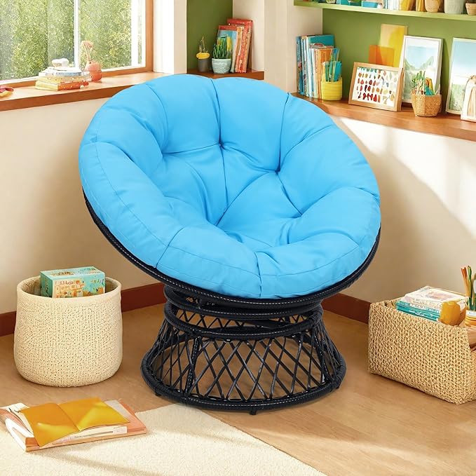 40 Papasan Chair Ergonomic Wicker 360° Swivel Indoor Outdoor Rattan Chair with Soft Thick Cushion Ideal for Living Room Bedroom Reading Room Black Frame with Blue Cushion