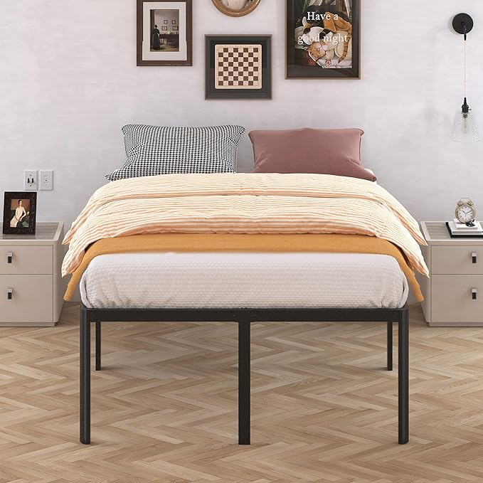 24 Inch High King Bed Frame with Rounded Corner Heavy Duty Metal Bed Frame King Under-Bed Storage Space No Box Spring Needed Noise Free Easy Assembly Black