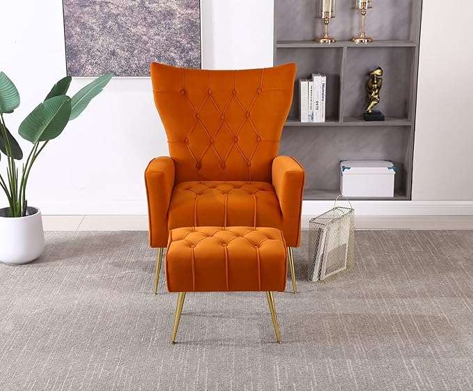 Velvet Accent Chair with Ottoman Comfy Tufted Armchair with Gold Metal Legs Modern Upholstered Wingback Chair with Footrest Set for Living Room Bedroom Lounge Office Orange