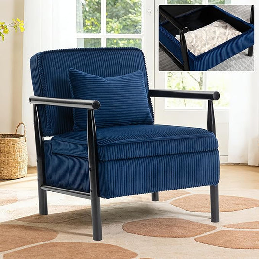 Accent Chair Comfy Modern Mid-Century Accent Chairs with Storage Corduroy Upholstered Lounge Armchair with Solid Wood Reading Side Single Sofa for Living Room/Office/Balcony/Bedroom-Blue