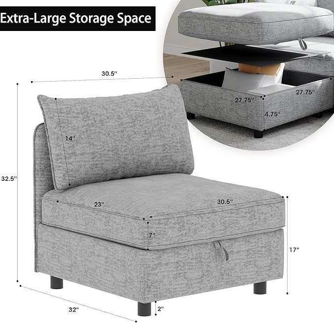 129” Modular Sectional Sofa Convertible 6 Person U Shaped Couch with Storage 2 Removable Ottomans &amp Deep Seats Memory Foam Comfy Modular Couch for Living Room (Grey 6 Seat)