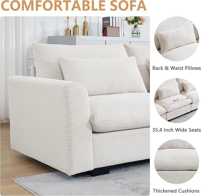 Oversized Modular Sectional Sofa 51 Inch Single Seat Sofa Corduroy Deep Seat Comfy Couch Armchair with Waist Pillow for Living Room Apartment Beige