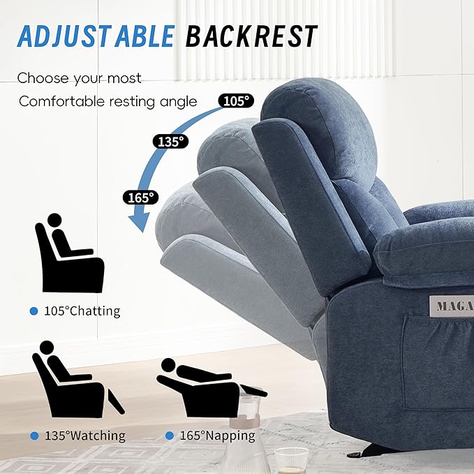 Manual Rocker Recliner Chair for Adults with Vibration MassageGlider Rocking Recliner Chairs for Living Room Bedroom Overstuffed Reclining Sofa Chair with Pockets and Cup Holds (Blue)
