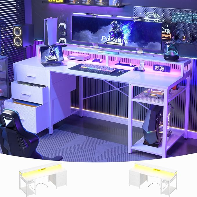 Aheaplus Gaming Desk with LED Lights and Power Outlets 59 inch Computer Desk with Fabric File Drawers Home Office Desk with Monitor Stand and Storage Shelves White
