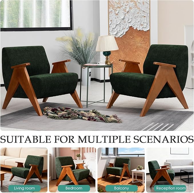 Home Accent Chair Mid Century Modern Accent Chair with Wood Frame Lounge Upholstered Armchair Reading Chair Sturdy BaseFor Living Room BedroomOfficeComfy Guest Waiting Room ChairsGreen