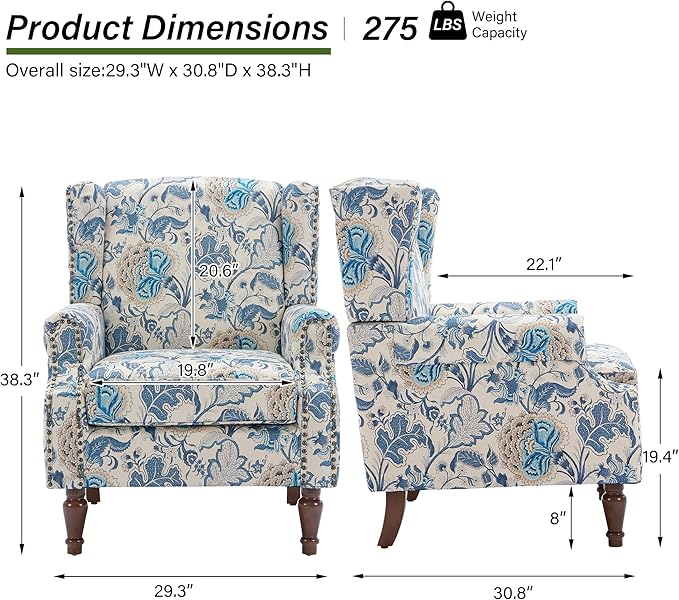 Floral High Back Accent Chair Upholstered Armchair with Solid Wood Legs Comfy Wingback Reading Single Sofa Chair for Small Spaces Living Room Bedroom(Floral Boho Blue Set of 1)