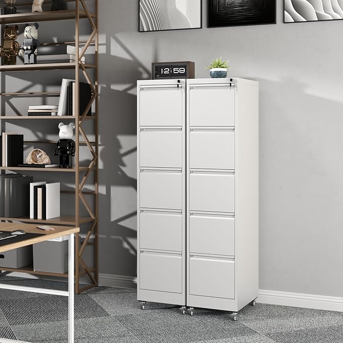 5 Drawer Rolling File Cabinet with Lock Metal Filing Cabinets on Wheels Vertical Steel Office Drawers Storage for Hanging Legal/Letter Folders Require Assembly (White)