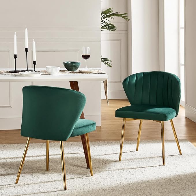 HULALA HOME Velvet Dining Chairs Modern Small Armless Accent Chair with Gold Metal Legs Living Room Upholstered Cute Side Chair Elegant Tufted Back Vanity Chair for Bedroom/Beauty Room-Green
