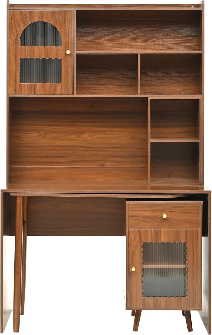Bellemave L Shaped Executive Desk with 90° Rotating Desktop Farmhouse l Shaped Table Home Office Desk with Storage Cabinet and Shelf Farmhouse Corner Table with Drawers Walnut