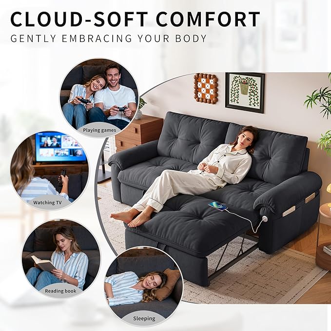 77 Queen Size Sleeper Sofa Bed Convertible Pull Out Couch with Velvet Fabric 3-in-1 Loveseat L Shaped Couch Bed with Adjustable Backrest Side Pocket &amp USB Ports for Living Room Apartment