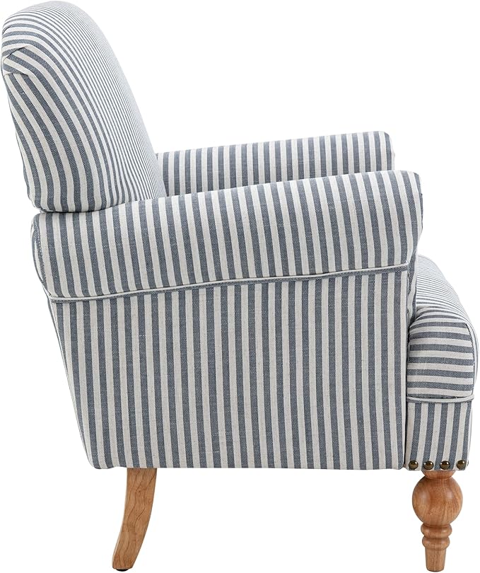 Linen Accent Chairs Set of 2 Mid-Century Modern Living Room Armchair with Nailhead Trim &amp Wood Legs Comfy Upholstered Single Sofa Chair for Lounge/Bedroom/Reception Blue Stripe